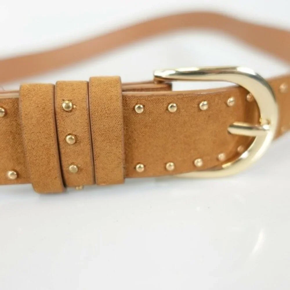 Y2K‎ Indie Sleaze Studded Belt 32 SMALL Tan Neutral Faux Suede MUDD Gold Buckle